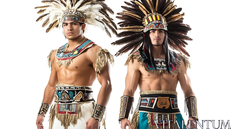 Men in Aztec costume with feathers headdress AI Image