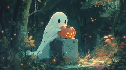 Charming Halloween Ghost in Mystical Woods