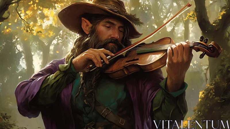 Enchanting Elf Plays Violin in Woods AI Image