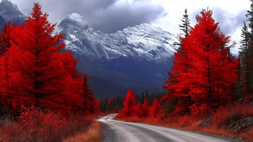 Mountain Road With Red Trees