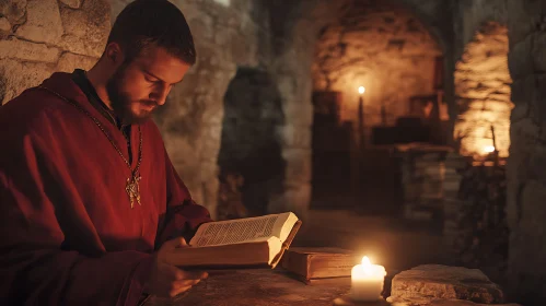 Medieval Monk Studying Ancient Text