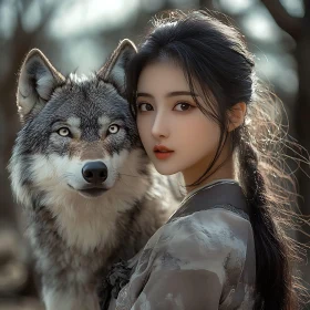 Serene Woman with Wolf Companion