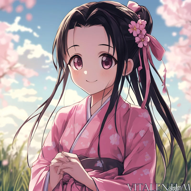 AI ART Anime Girl in Floral Kimono with Cherry Blossoms