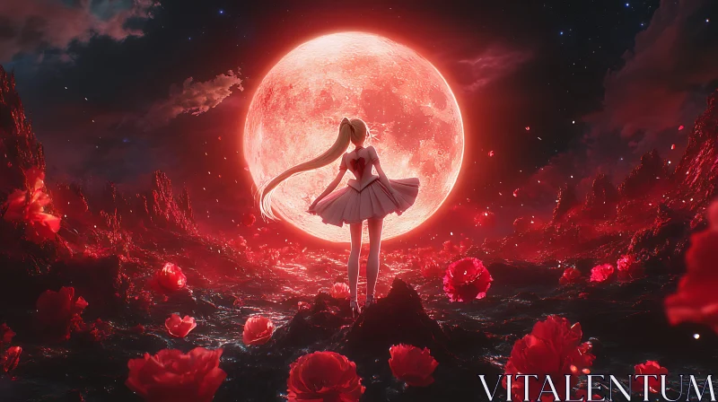 Anime Character with Red Moon and Roses AI Image