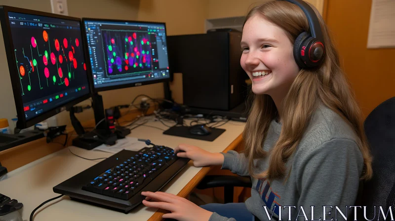 Girl with Headphones at Computer Station AI Image