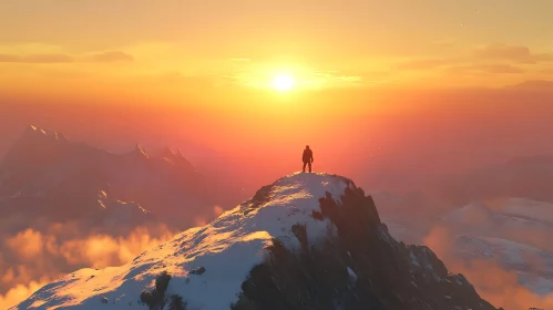 Silhouette on Snowy Mountain at Sunset