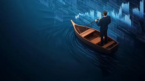 Man Rowing Boat with Financial Chart