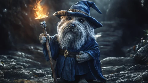 Enchanting Canine Wizard with Flaming Staff