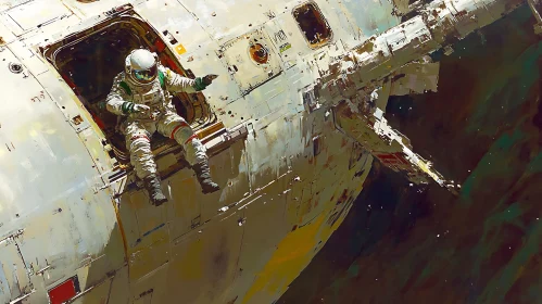 Floating Astronaut Near Spaceship in Space
