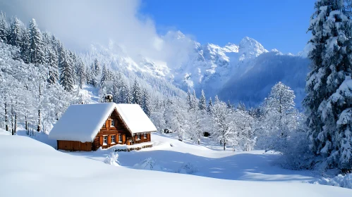 Snowy Cabin in the Mountains