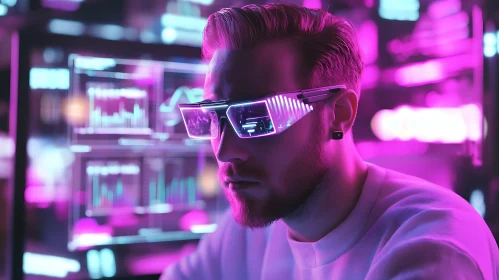 Man in VR Glasses with Neon Glow