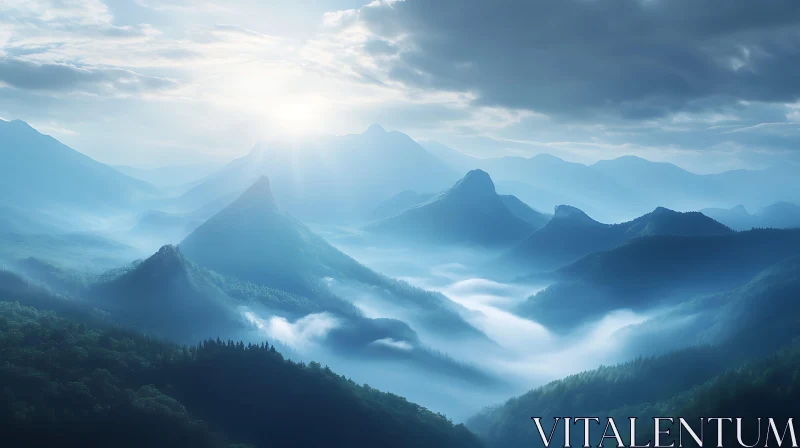 Misty Mountains at Sunrise AI Image