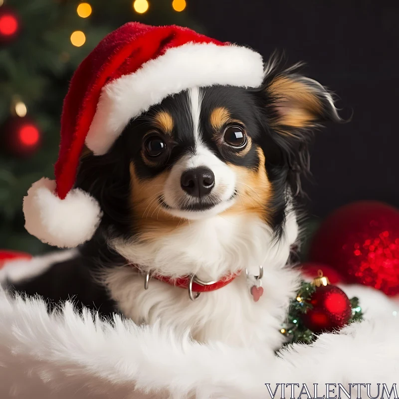 Cute Dog with Santa Hat and Holiday Decorations AI Image