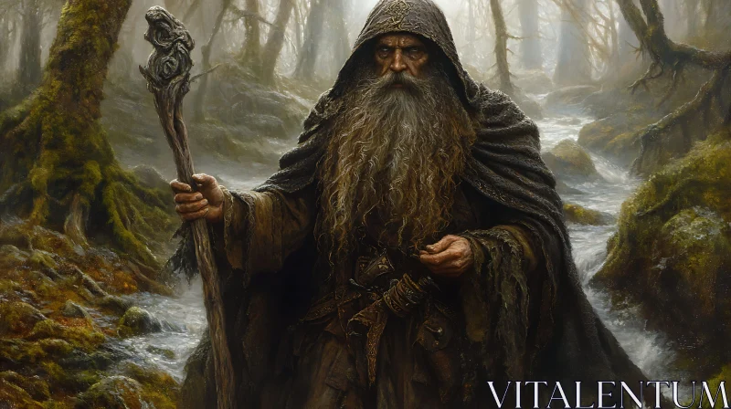 Enigmatic Wizard in Woodland Scene AI Image