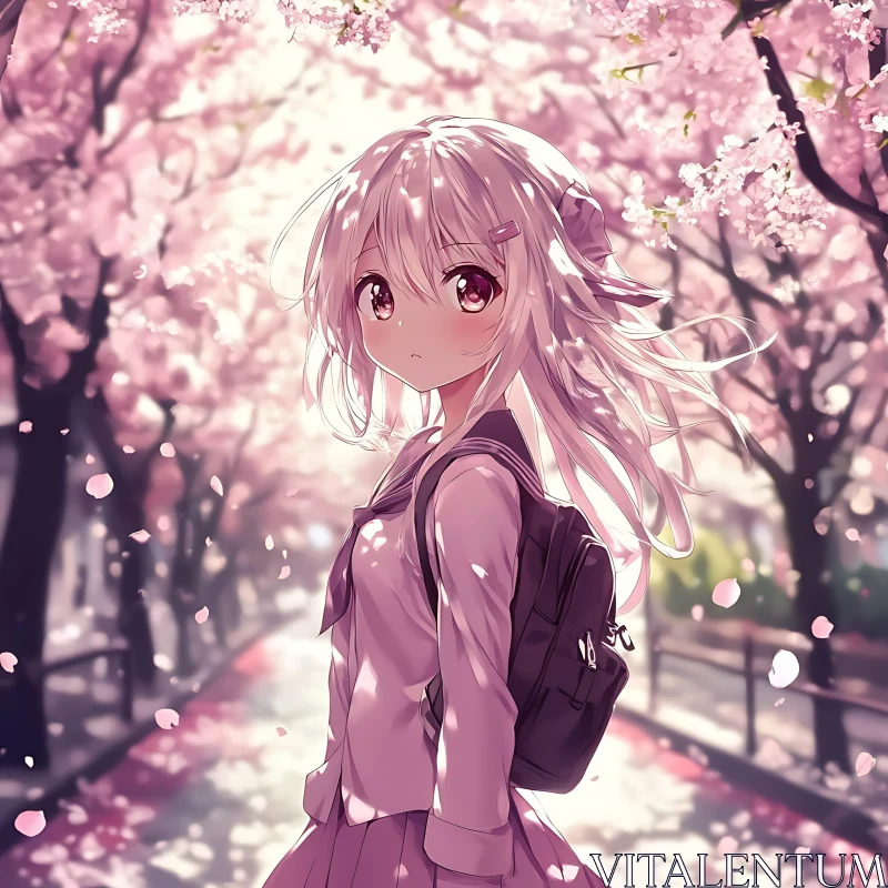 Sakura Blossoms and Anime Schoolgirl AI Image