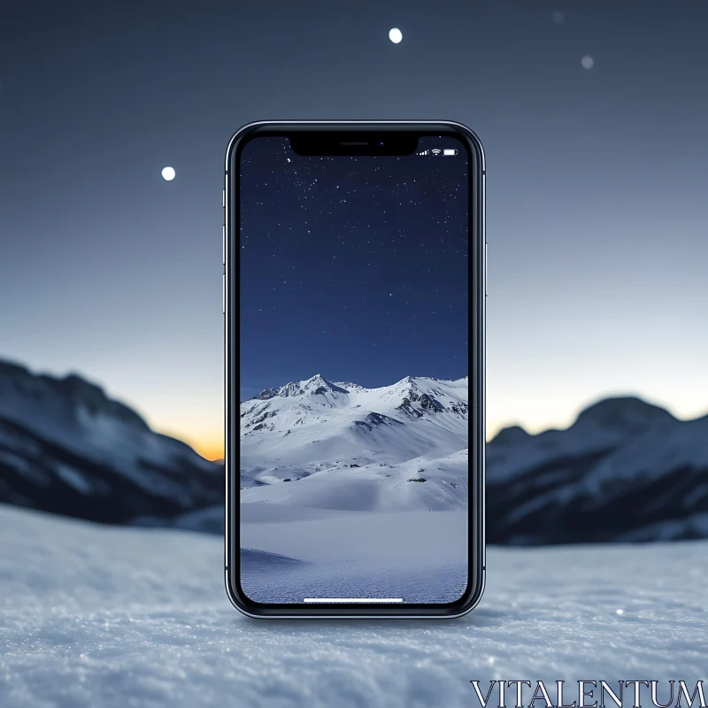 AI ART Phone Displaying Winter Mountain View