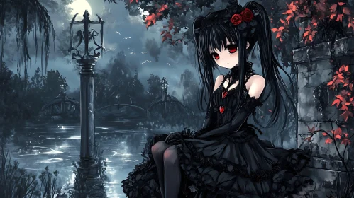 Moonlit Gothic Anime Girl with Red Roses