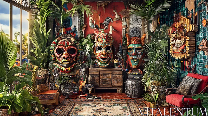 Exotic Interior with Tribal Art AI Image