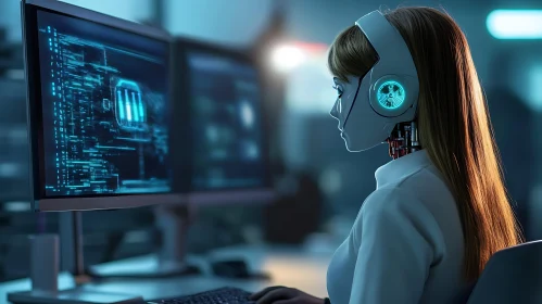 Futuristic Cyborg in Tech Environment
