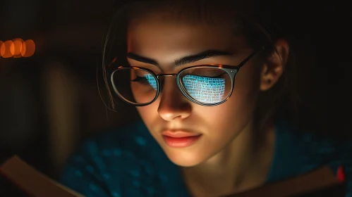 Close-Up of Woman Reading in Dark