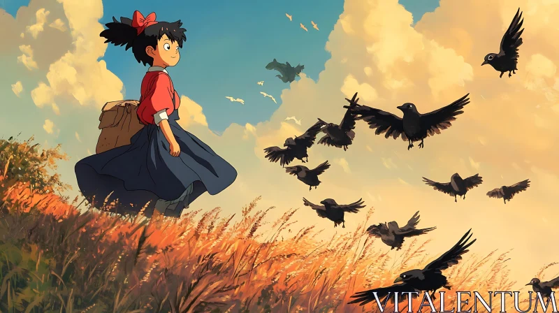 Young Girl Watching Birds in an Anime Landscape AI Image