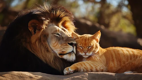 Unlikely Friends: Lion and Cat Cuddle
