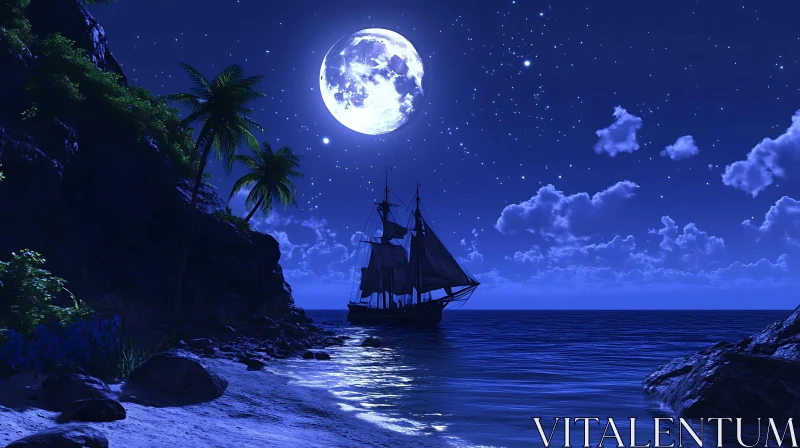 Night Sailboat Under Moonlight AI Image