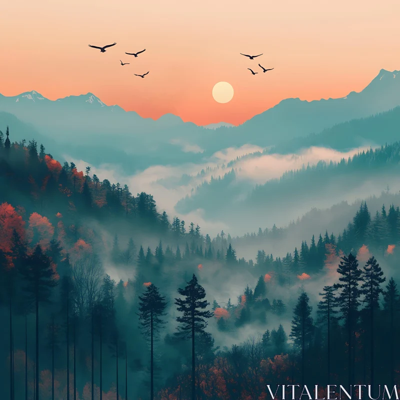 Serene Sunset in a Misty Forest and Mountains AI Image