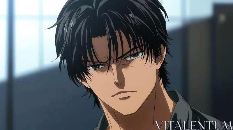 Serious Anime Character with Dark Hair AI Image