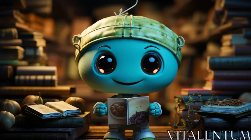 Enthralling Blue Cartoon Figure Immersed in Reading - Loving Books AI Image