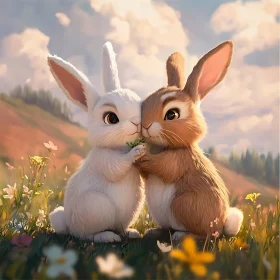 Two Rabbits Sharing Food