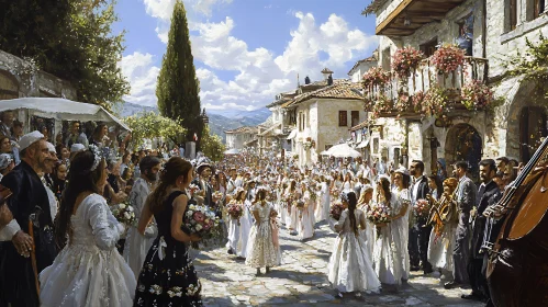 Procession of Joyful Brides in a Sunlit Town