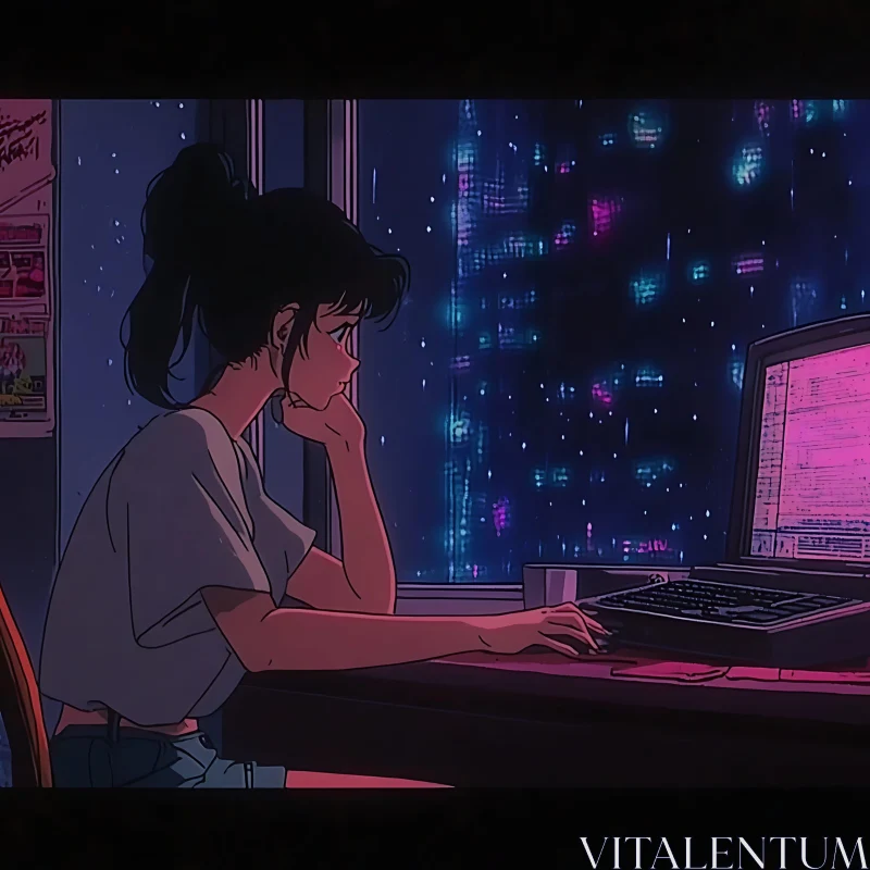 Cyberpunk Anime Girl at Her Desk AI Image