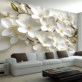 Modern Living Room with White Flower Wall Decor