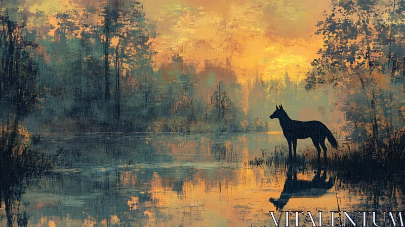 Wolf Silhouette by the Lake AI Image