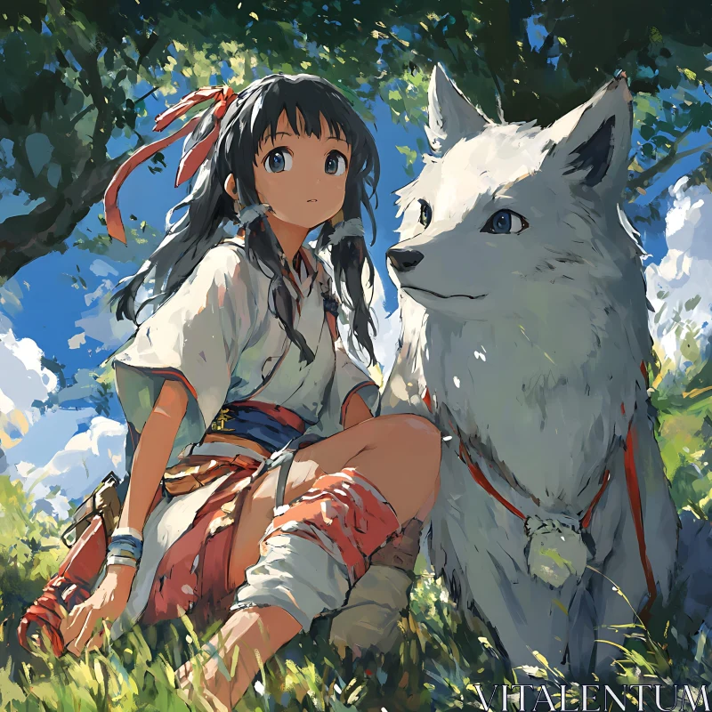 Forest Companions: Anime Girl and Wolf AI Image