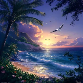 Seascape with Palm and Birds