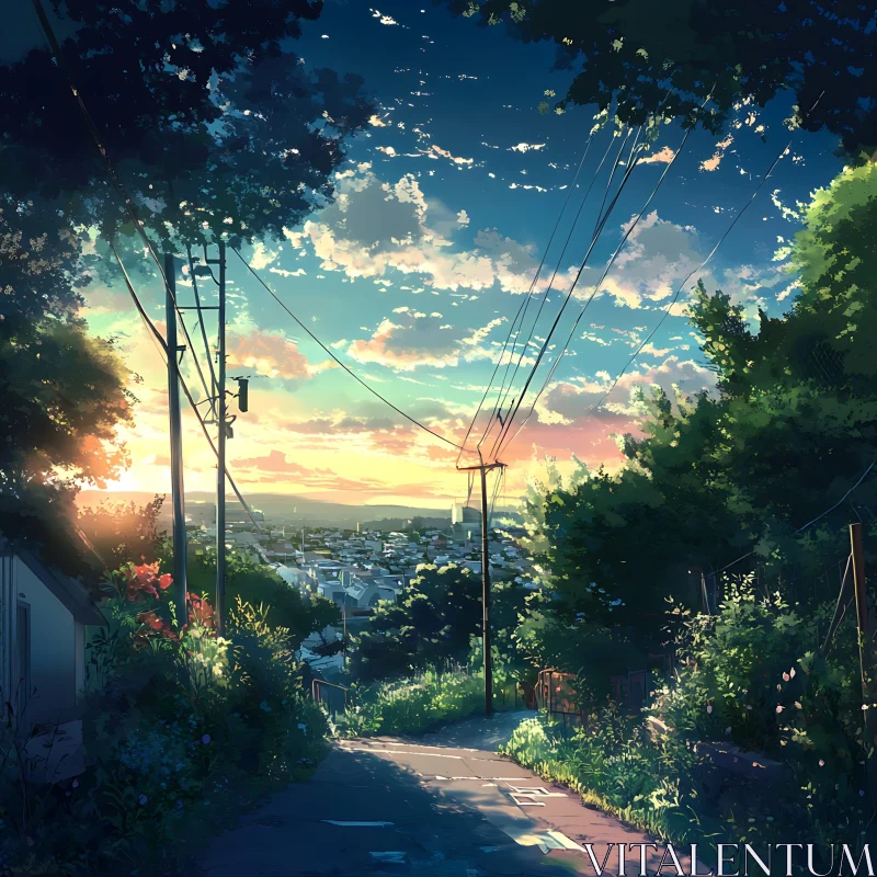 Peaceful Evening Path with City View AI Image