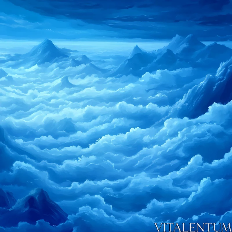 Blue Mountain Peaks in the Clouds AI Image