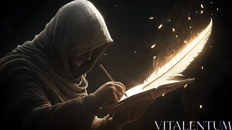 Hooded Scribe with Feather Quill AI Image