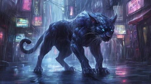 Urban Panther in Neon Rain