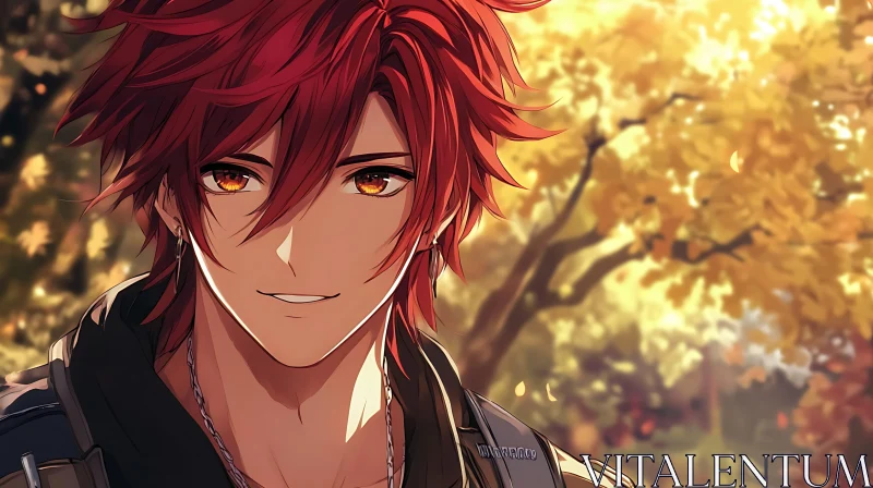 Red-haired Anime Character in Autumn Setting AI Image