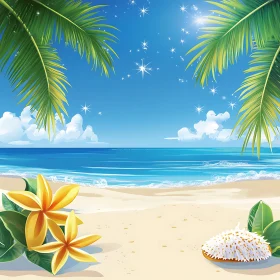 Serene Beach Scene with Yellow Flowers