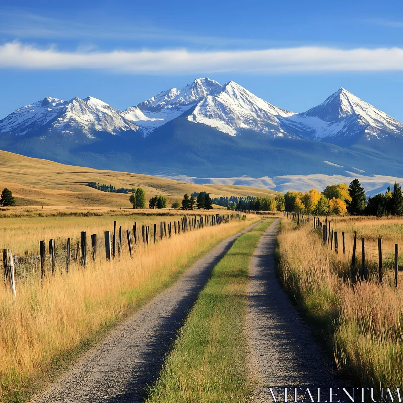 Snowy Peaks and Rural Path AI Image