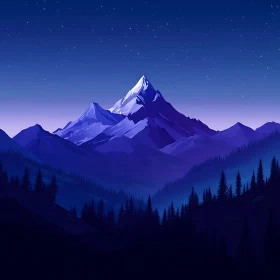 Night Mountain Landscape with Pine Forest