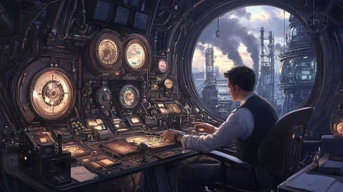 Man at Control Panel Overlooking City