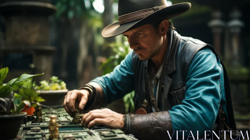 Cowboy Repairing Computer in Mysterious Jungle - A Unique Intersection of Tradition and Technology AI Image
