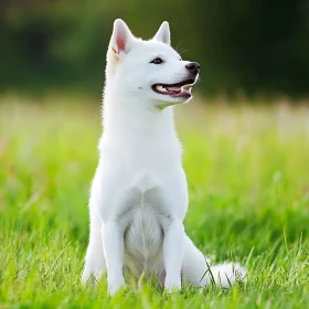 Content White Dog in Green Field