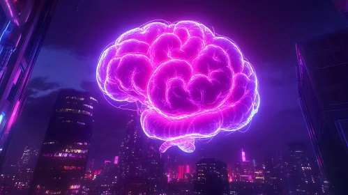 Glowing Brain Above City at Night
