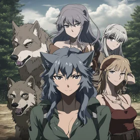 Forest Scene with Anime Girls and Wolves